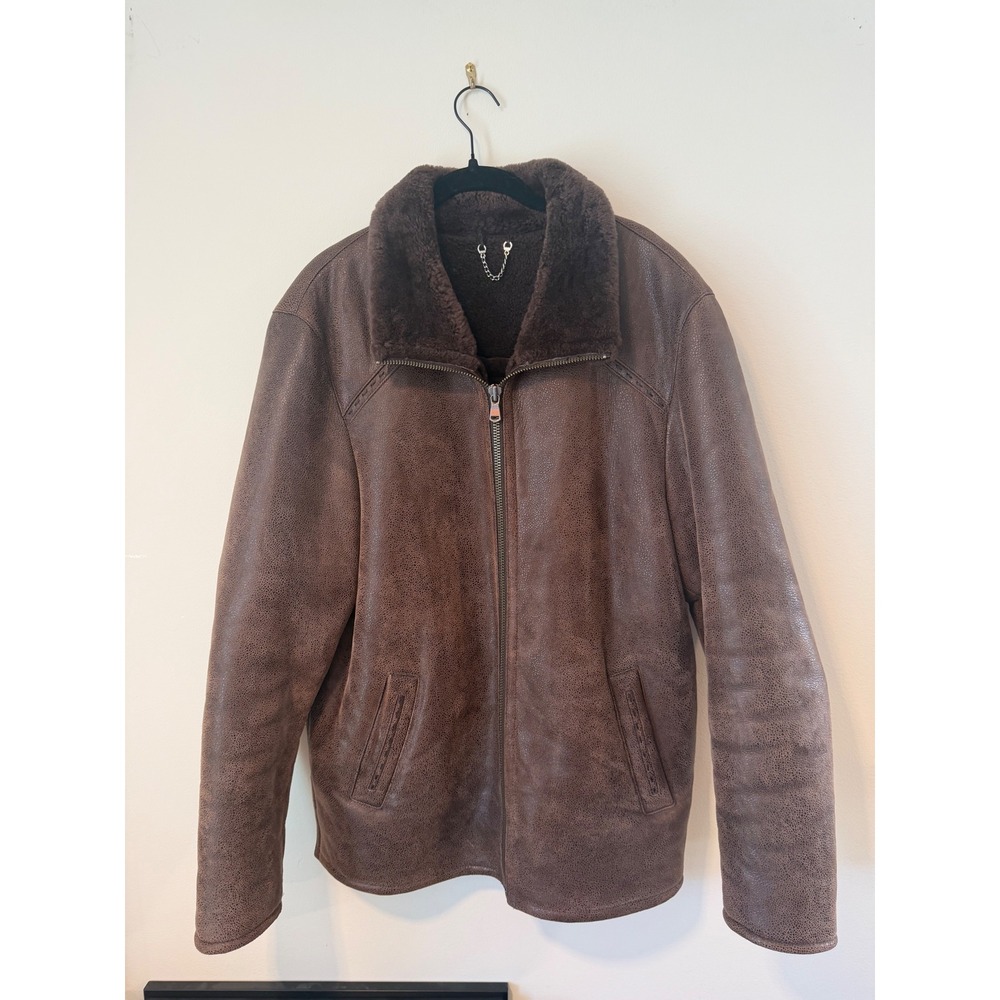Overland Shearling-Lined Leather Bomber Jacket Size L  "Like New"   Perfect - Picture 2 of 6